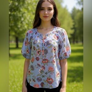 LOFT Dove Blue Floral Smocked Puff Sleeve Cotton Blouse Size S